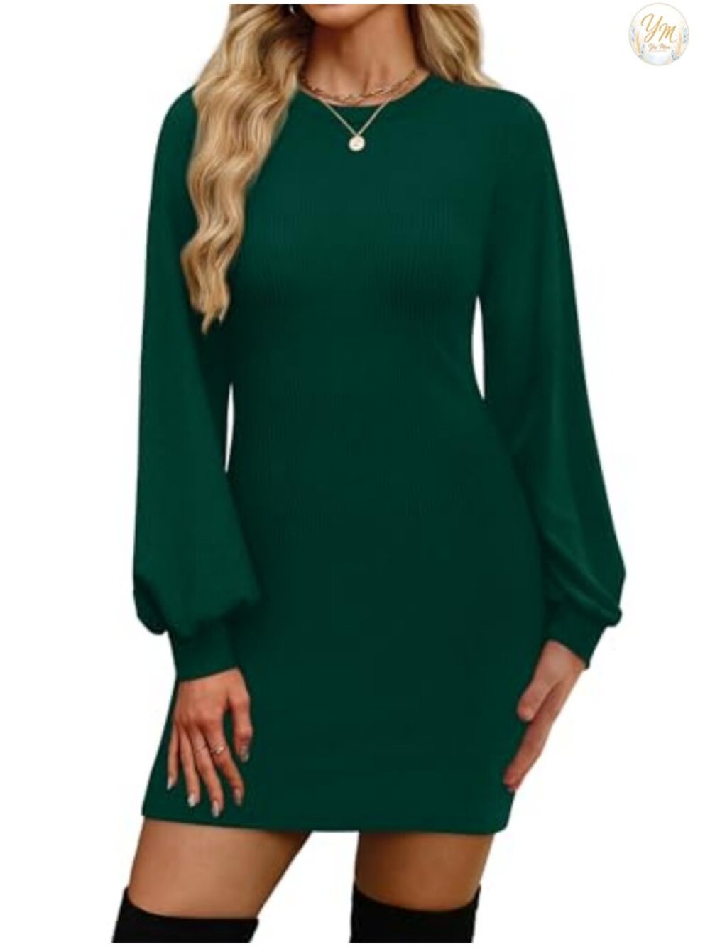 Puff Long Sleeve Bodycon Sweater Dress Crewneck Ribbed Knit Mini